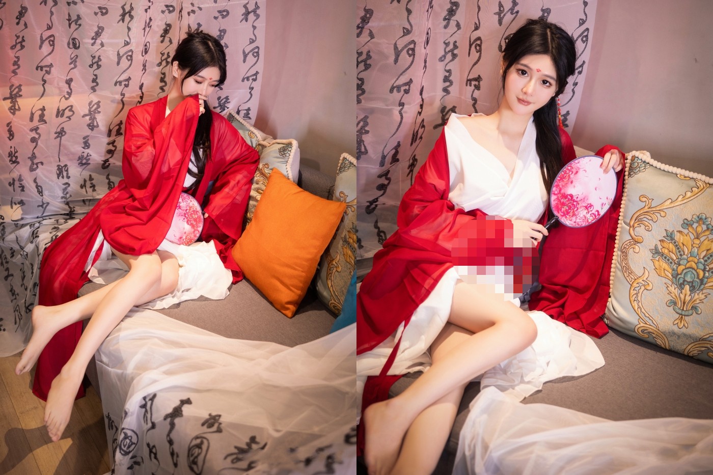 颜值巅峰秀人网当红女神模特【谢小蒽】大胆私拍古风篇，透明红袍笛子遮B紫薇呻吟滴蜡原声挑逗 2590M