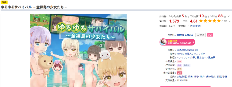 【探索生存SLG】ゆるゆるサバイバル ～全裸島の少女たち～Ver1.00 DL版[新作][生肉]